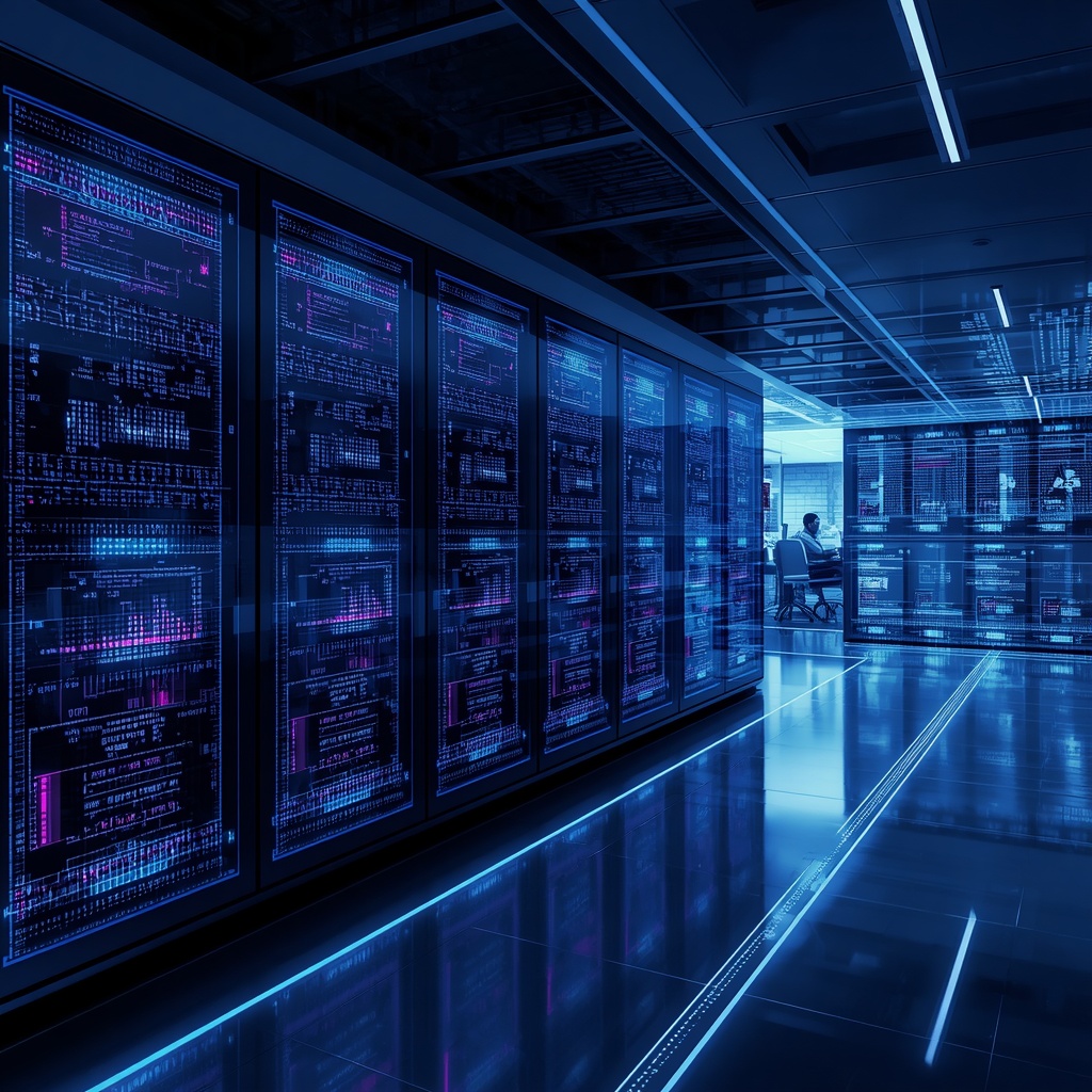 A futuristic visualization of artificial general intelligence research featuring advanced computing clusters and holographic data projections, high-tech research facility, sleek modern aesthetic with cool blue and violet tones, no people shown